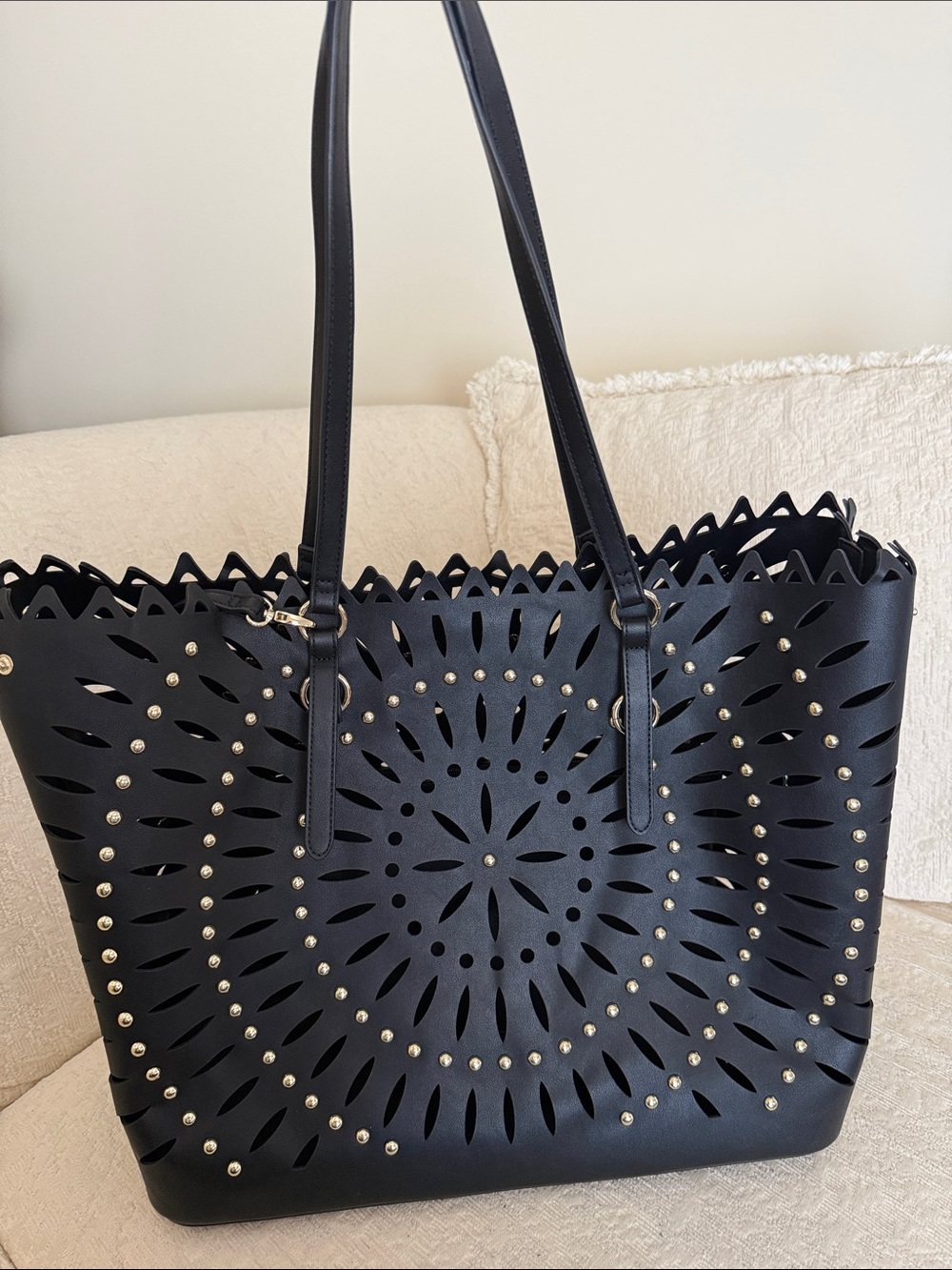 White House Black Market Black Laser-Cut Studded Tote with zippered pouch inside